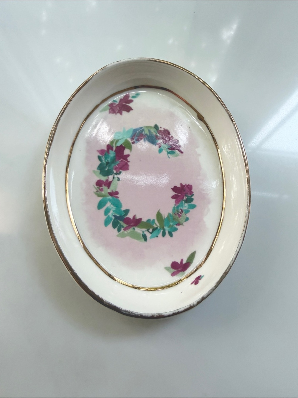 Anthropologie Kiana Mosley Floral Monogram Trinket Dish ceramic Letter C